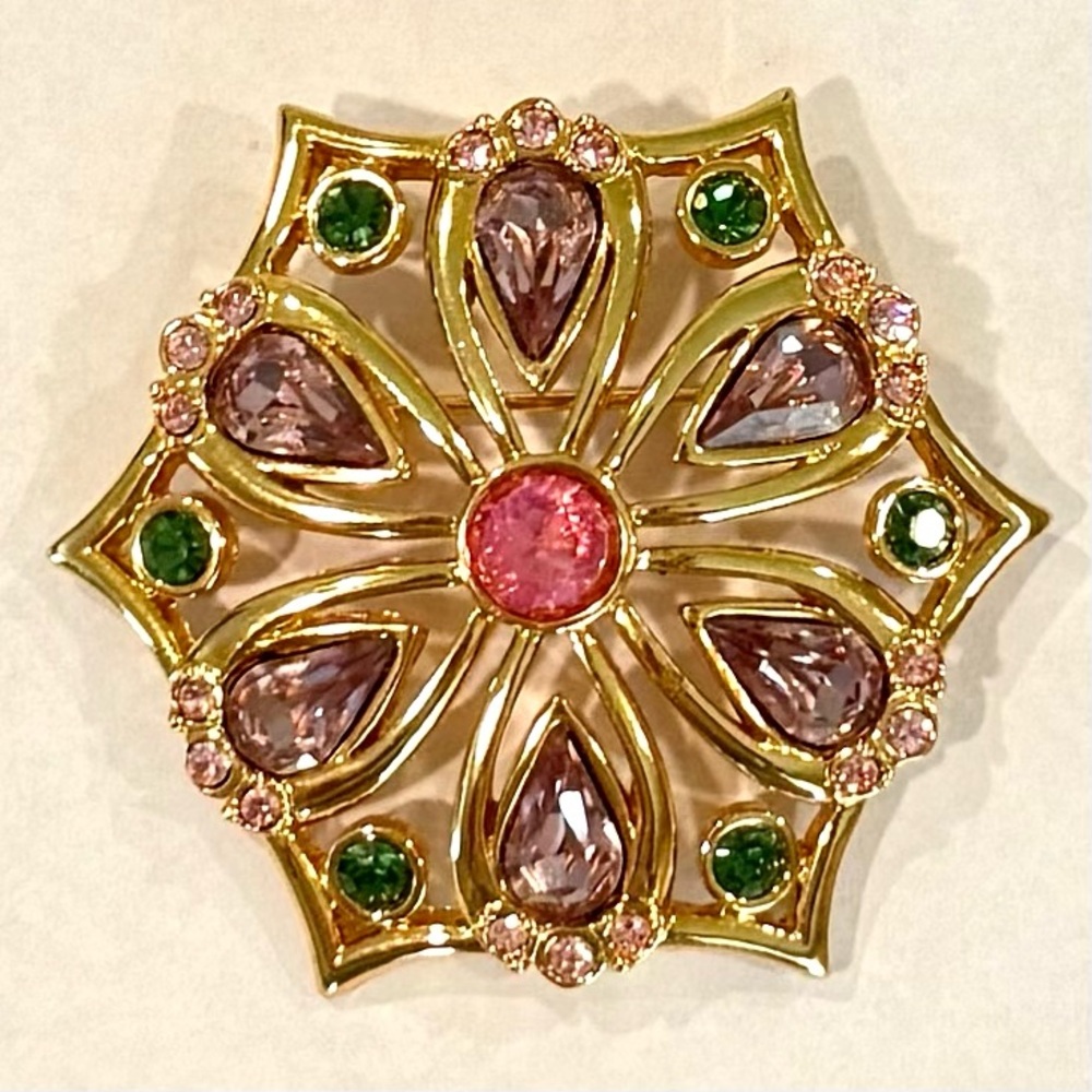 Vintage Swarovski Rhinestone Colorful Gold Tone Brooch Statement Floral Pink